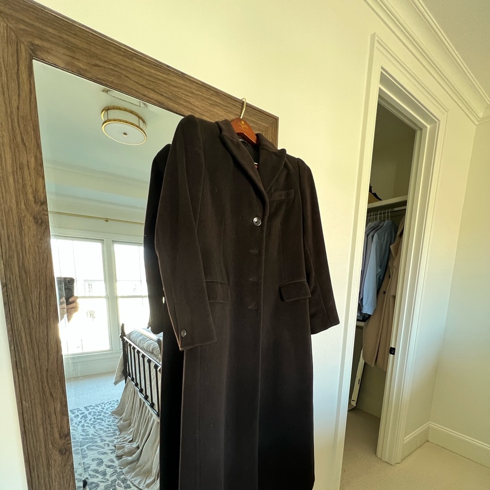 Dark brown fully lined wool coat.